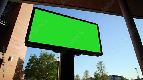 Outdoor Digital Billboard with Green Screen Display in Modern Urban Setting Against Blue Sky