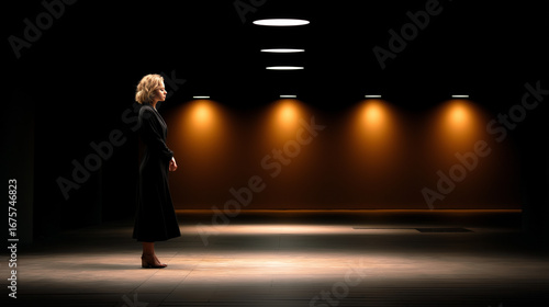 A minimalist composition: her illuminated by a single spotlight while the background fades into darkness.