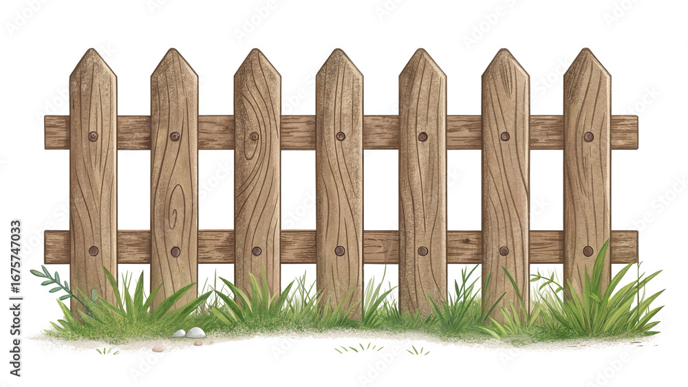 Fototapeta premium Rustic farmhouse picket fence, detailed brown wood texture, countryside style, isolated transparent.