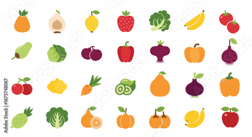 Fresh healthy fruits and vegetables: vibrant flat design perfect for healthy eating concepts