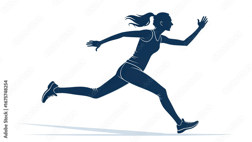 Obraz premium Silhouette clip art of a young woman runner in motion, flat style, isolated on transparent background.