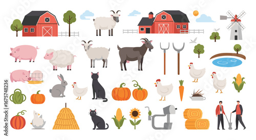 Vibrant farm life icons with barns, animals, produce, and farmers for rural design projects