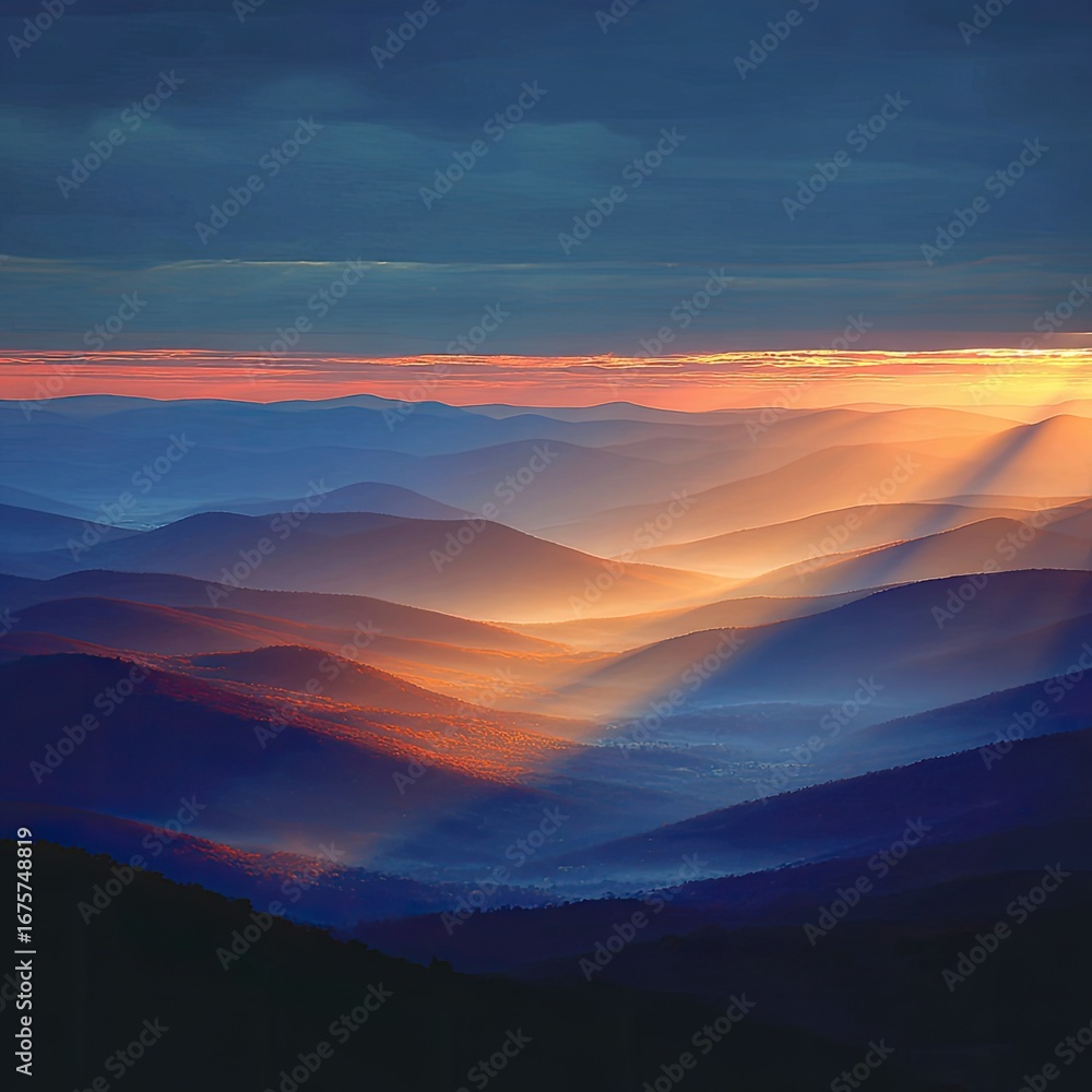 Fototapeta premium Sunrise over layered mountain ranges