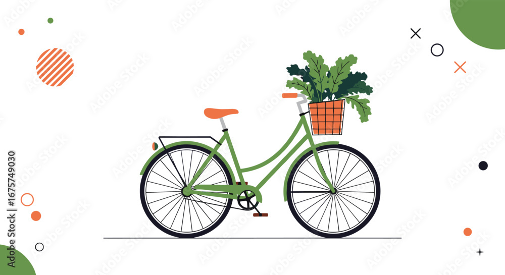 Fototapeta premium Charming green bicycle with basket of fresh greens, perfect for eco-friendly lifestyle and wellness.