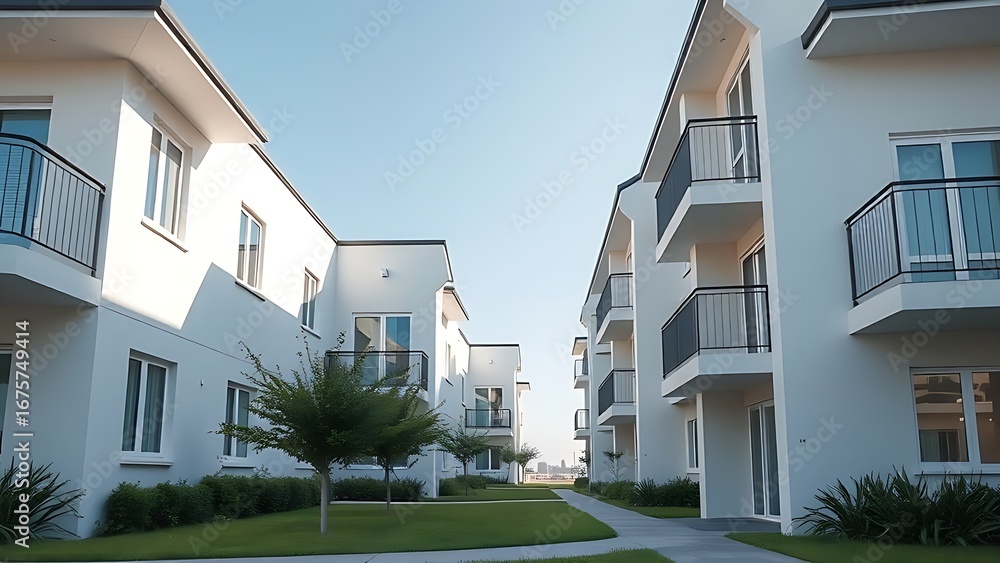 Fototapeta premium A modern housing complex with clean architectural lines, illuminated by soft daylight.