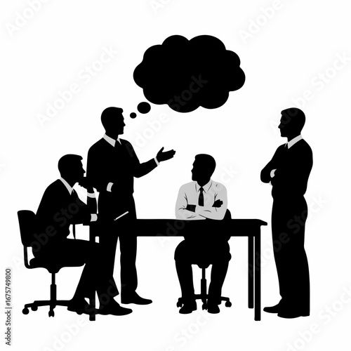 Silhouette of four businessmen in a corporate meeting with a thought bubble.