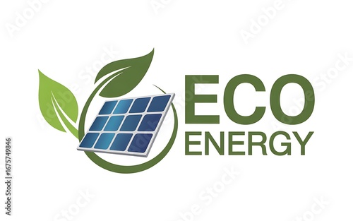 Eco energy logo with solar panel isolated on white background