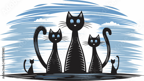 Whimsical feline family portrait art, playful black cat illustration, fun stylized pets graphic design