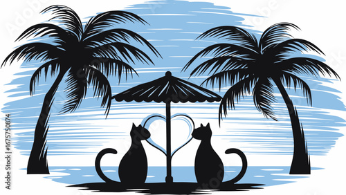 Romantic getaway with cats under palms and beach umbrella, perfect for summer vacations or love themed designs