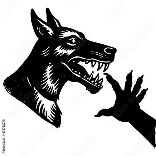 Fierce snarling dog silhouette with clawed hand, menacing black and white illustration of danger and confrontation
