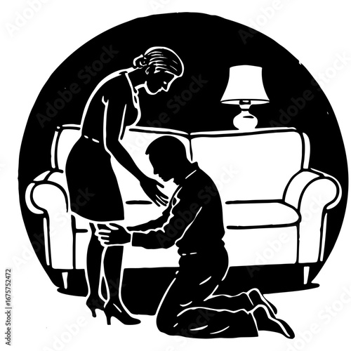 Dramatic silhouette of kneeling man before standing woman, emotional scene of supplication, comfort or authority