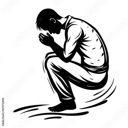 Contemplative crouched figure silhouette in deep thought, emotional black and white art of vulnerability and introspection