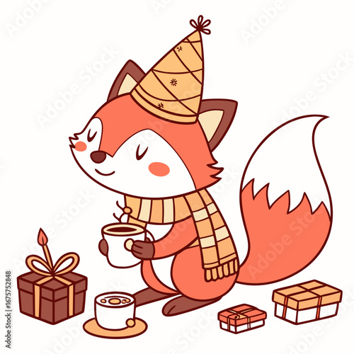 Shy expression on a Red Fox in a Christmas theme, with wearing a party hat – Warm Cozy vector art