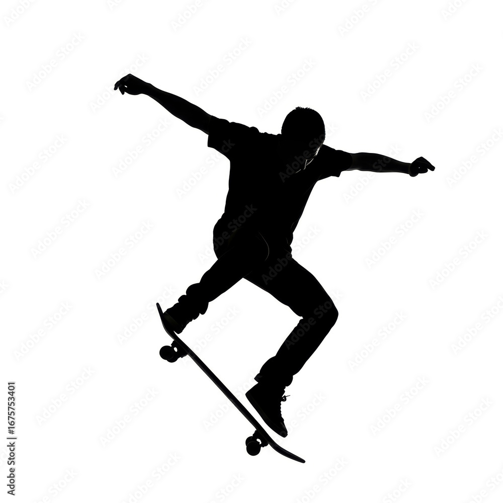 Fototapeta premium Silhouette of a skateboarder performing a trick, isolated on white, representing urban sports and youthful energy.