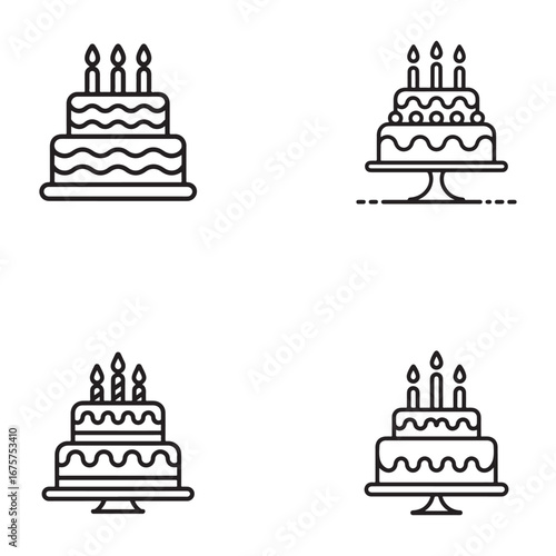 Four black outline birthday cake icons, perfect for celebrating.