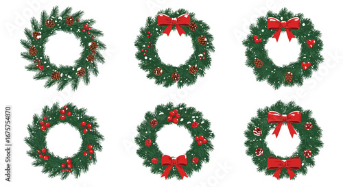 Six vibrant Christmas wreaths with red bows and ornaments.