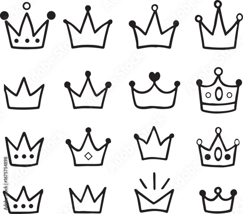 Collection of Black and White Crown Illustrations A diverse selection of minimalistic crown designs in black and white from simple to jeweled perfect for graphic projects or artistic expressions