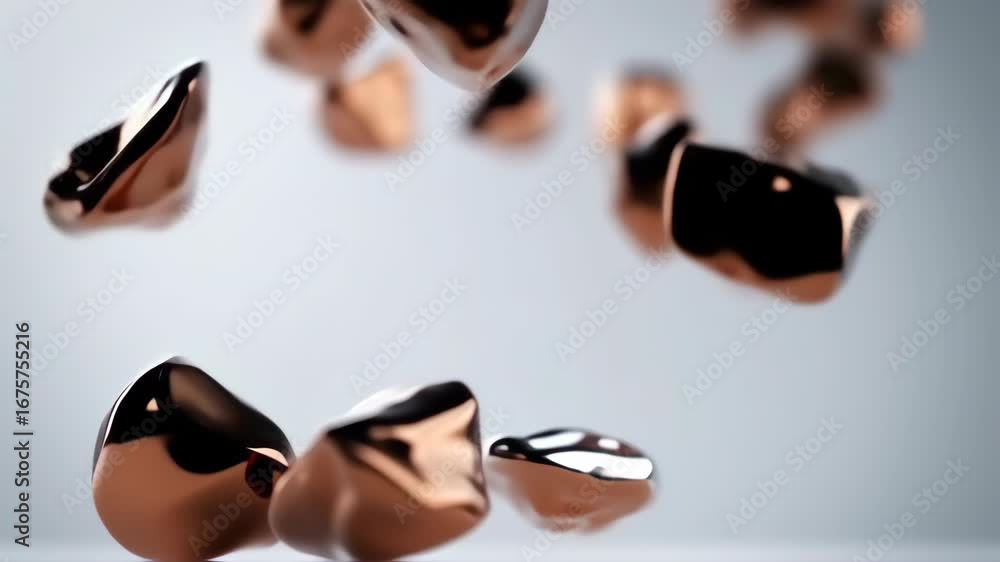 Abstract image of metallic, rose-gold-toned, irregular shapes floating against a light grey background