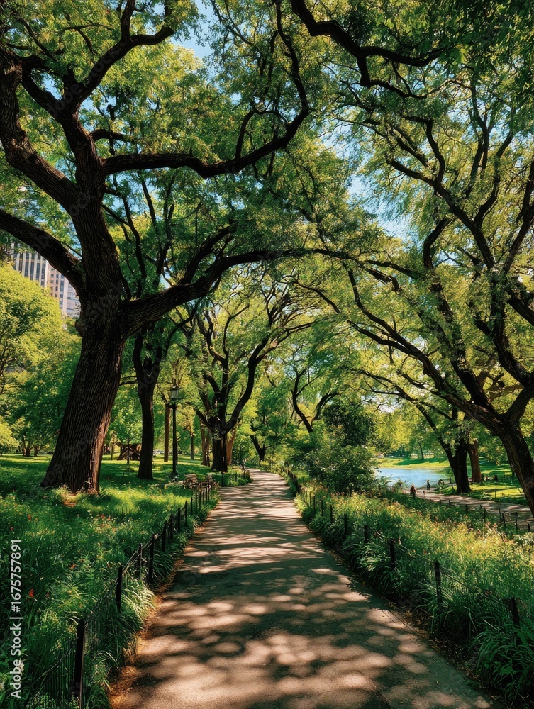 Naklejka premium Park path shaded by lush trees