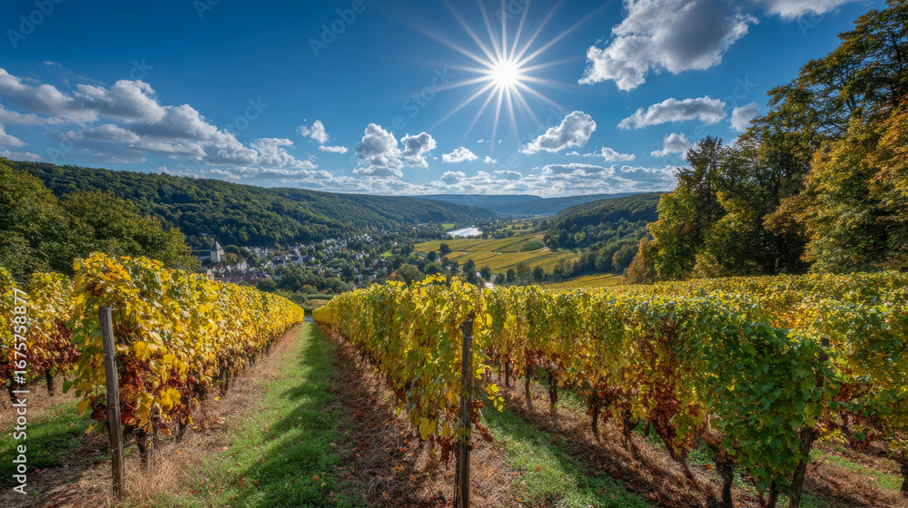 Naklejka premium Lush vineyard landscape with rows of grapevines under a bright sun, showcasing vibrant foliage and a picturesque valley view, creating a serene and tranquil atmosphere