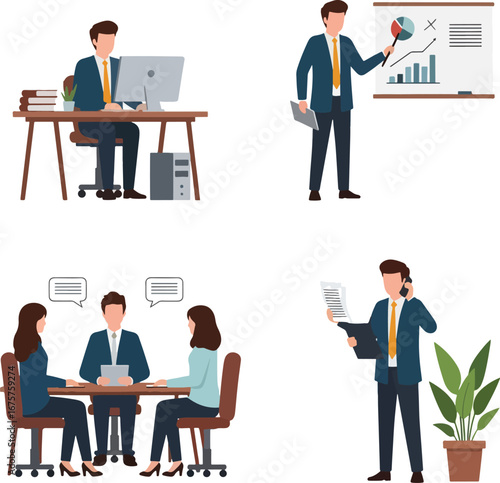 Business people working in various office scenarios showing presentations, meetings, and individual tasks with a professional and productive atmosphere.