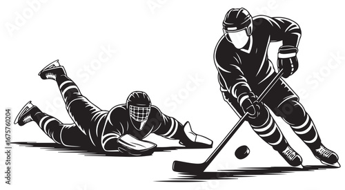 Two hockey players in action one sliding as goalie and other with stick and puck in black and white art
