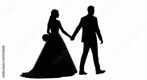 Wedding, husband and wife walking together, isolated vector silhouette stock