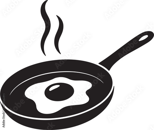 Simple black and white illustration of a fried egg in a pan. A stylized, black and white vector graphic depicts a fried egg cooking in a frying pan.