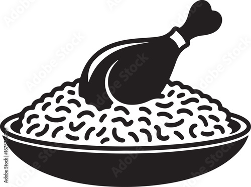 Black and white vector graphic of chicken leg on a plate of food, perfect for food-related designs. A simple, bold black and white illustration of a chicken leg resting atop a generous portion of food