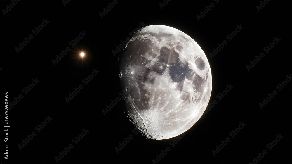 Obraz premium Image of a gibbous moon and a star in the black sky.
