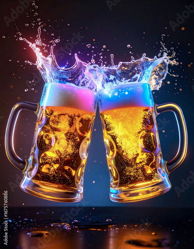 Abstract Macro Shot of Two Futuristic Beer Steins Clinking with a Neon Splash.