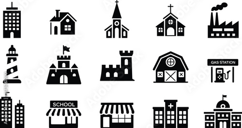 City building icon set, urban architecture silhouette, town infrastructure symbols, municipal structure vector, black graphic design elements collection