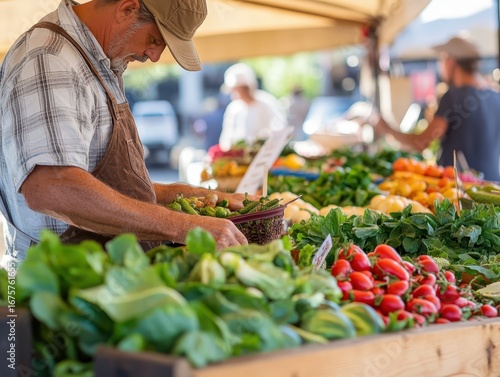 A vendor arranges fresh vegetables at a vibrant farmers market under a canopy.