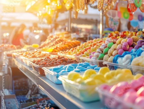 Colorful candy display at a market with sunlight illuminating sweet treats.