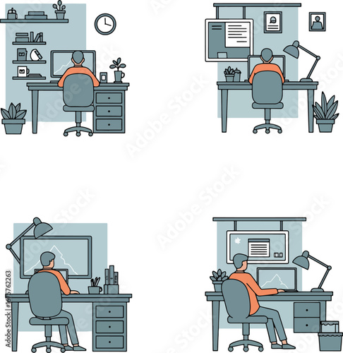 Person working at desk in home office with computer and monitor, creating a productive and focused workspace.