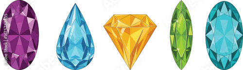 Colorful faceted gemstones in various shapes and vibrant colors, perfect for jewelry design, luxury themes, and elegant vector illustrations.