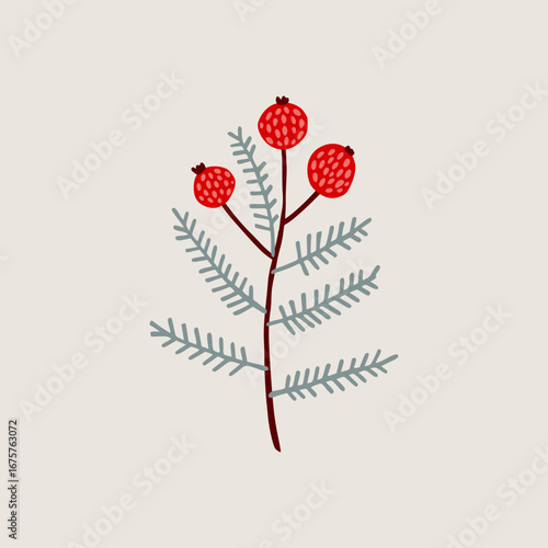 Christmas berry branch floral hand drawn print. Scandinavian cute handcrafted floral motifs, perfect for cozy Xmas greeting cards, invitations, posters, scrapbooks.