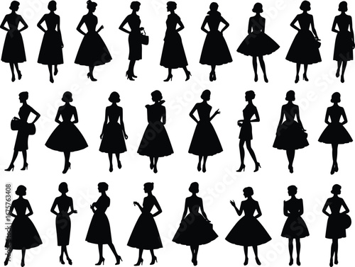 Vintage fashion silhouettes of women in retro dresses, 1950s style, elegant poses, black shadow figures, classic clothing, accessories, timeless charm