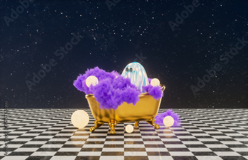 Surreal Halloween scene with cute Ghost. Dreamlike 3d rendering.