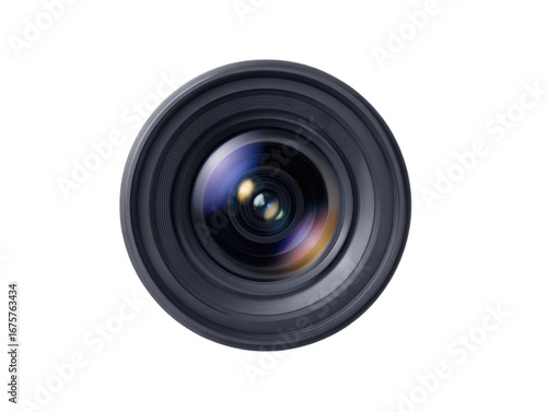 Professional camera lens with colorful light reflections, capturing sharp detail