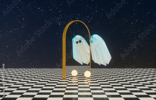 Surreal Halloween scene with cute Ghost. Dreamlike 3d rendering.