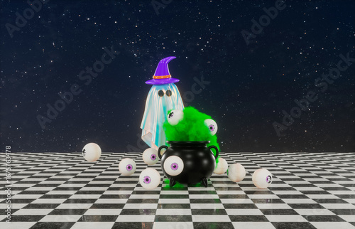 Surreal Halloween scene with cute Ghost. Dreamlike 3d rendering.