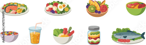 Healthy food illustration with vegetables, fruits, cereal, soup, fish, juice, and salad for balanced diet and nutrition concept design