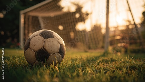 Worn soccer ball on grassy field at sunset