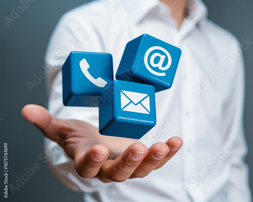 Person Holding Blue Cubes with Contact Information Icons Email Phone and At Symbol Representing Modern Communication