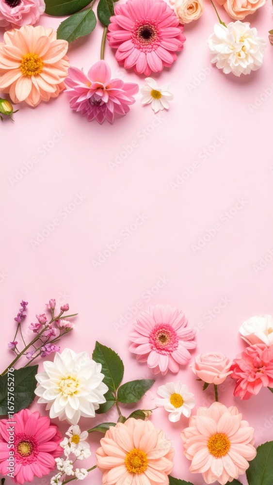 Fototapeta premium a floral border arrangement with colorful flowers, perfect for spring and summer themes, with copy space