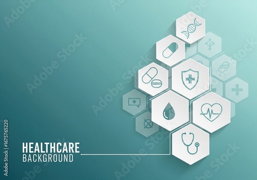 Modern healthcare and medical icons arranged in hexagonal pattern on blue background