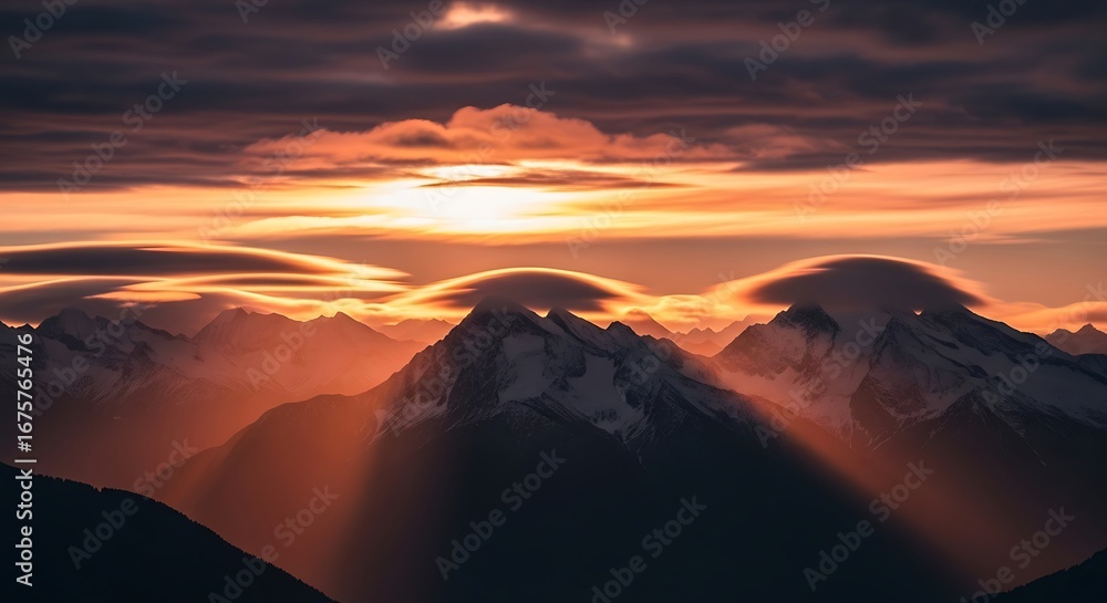 Naklejka premium Dramatic Sunset Over Mountain Peaks.