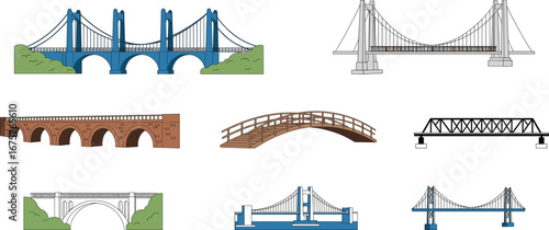 Vector Bridge Collection Featuring Suspension, Arch, Truss, and Cable-Stayed Designs – Civil Engineering and Architecture Illustration for Structural Design Use