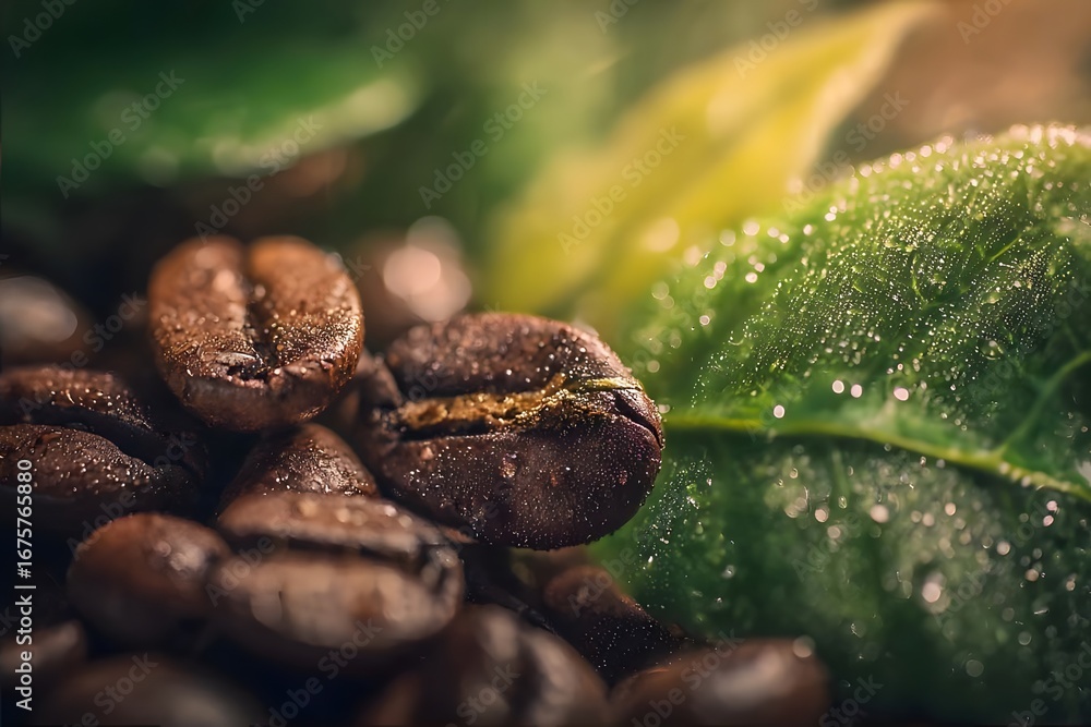 Obraz premium Brown coffee beans near green leaves with dew drops.